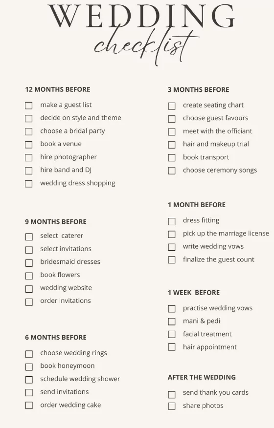 Small wedding checklist timeline calendar for under 50 guests